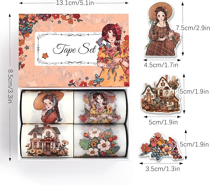 Dizdkizd Cute Flower Girl PET Tapes & Washi Tapes Stickers for Journaling, Pre-Cut Scrapbook Tapes for Crafts, Planners, Collage, 4 Rolls