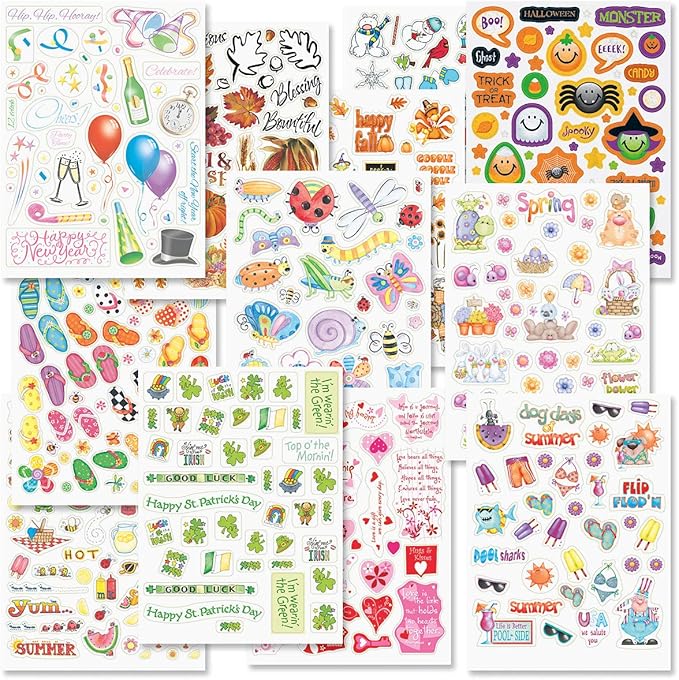 Current Year-Round Themed Sticker Variety Pack - 12 Sheets, 178 Assorted Stickers for Kids, Teachers, School, Scrapbooking, Journals, Monthly Planners, Calendars, Holiday Crafts & Greeting Cards
