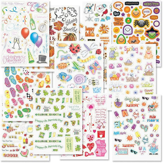 Current Year-Round Themed Sticker Variety Pack - 12 Sheets, 178 Assorted Stickers for Kids, Teachers, School, Scrapbooking, Journals, Monthly Planners, Calendars, Holiday Crafts & Greeting Cards
