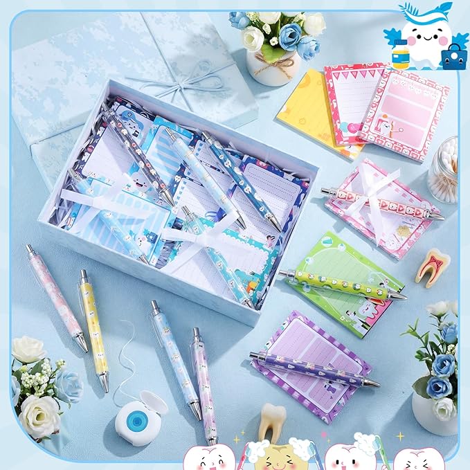 Eaasty 48 Pcs Dental Notepads and Ballpoint Pens with Ribbon Bulk Dental Assistant Thank You Appreciation Gifts for Hygienist Coworkers Doctor Nurse Clinic School Office Party Favor