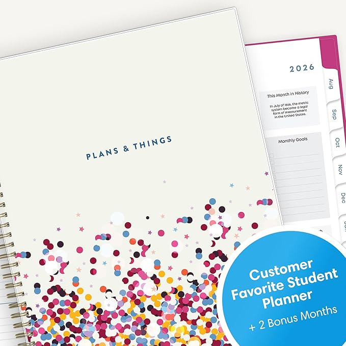 Blue Sky 2026-2027 Weekly and Monthly Academic Year Student Planner Calendar, July 2026 - June 2027, 8.5" x 11", Flexible Cover, Wirebound, Laminated Tabs, Storage Pocket, Star Confetti Bright