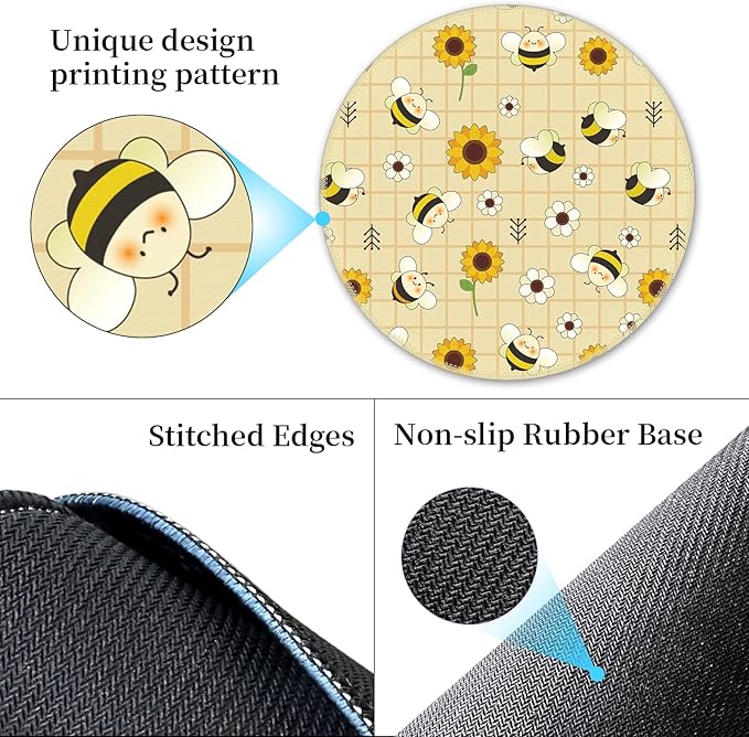 Mouse Pad for Desk, Sunflower Floral Bee Small Cute Mousepad with Non-Slip Base, Round Mouse Pads for Wireless Mouse Laptop Gaming, Computer Mouse Mat for Home Office Travel Desk Accessories