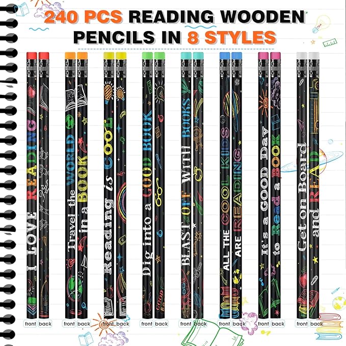 Pasimy 240 Pcs Reading Motivational Pencils Bulk Black Novelty Wooden Pencils with Eraser Classroom Inspirational Pen with Sayings for Kids Student Teacher School Reward Gifts Stationery Party