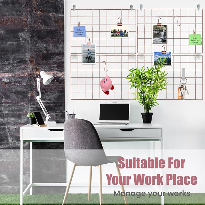 Metal Grid Wall Panel Rose Gold, Wire Grid Photo Display Organizer, 17.3"×11.8" Wire Board Grid Wall, Grid Picture Frame, 4-Pack Wire Mesh Memo Board with Clips and Hooks