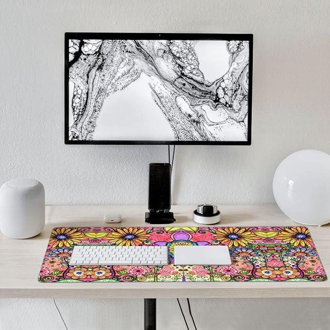 Extra Large Mouse Pads Hippie Flowers XXL Extended Mousepad with Stitched Edges Non-Slip Rubber Base Computer Keyboard Pad Desk Mat for Home Office Desk Decor, 35.4" X 15.7"