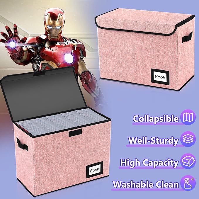 5 Pack Comic Book Storage Boxes, 15.8" X 7.8" X 11.8", Collapsible Comic Short Box, Holds 160-180 Collection Comic Book Container Holder Shelf Protector Organizer Bin (Pink)