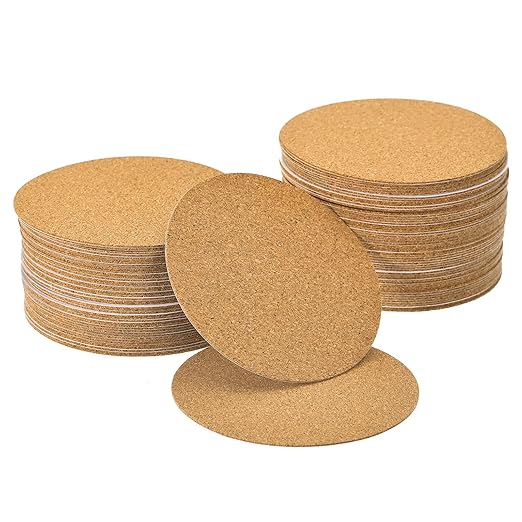 UXCELL 100 Pcs Self-Adhesive Cork Round, 4" x 4" Cork Tiles Backing Sheets for DIY Crafts, Brown