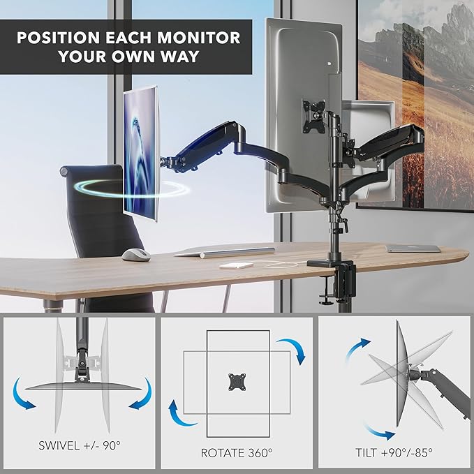 Mount-It! Triple Monitor Mount Desk Stand, 3 Monitor Desk Mount with Gas Spring Arms, Fits 13–32 Inch Screens up to 17.6 lbs per Arm, VESA 75 & 100, Clamp or Grommet Base, USB-A & C Ports, Black