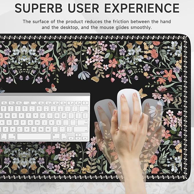 iCasso Large Desk Pad,Aesthetic Mouse Pad Black for Women Girl,Anti-Slip Rubber Base Computer Mat for Desktop,Cute Floral Desk Cover Protector Pad for Office Home School Gaming