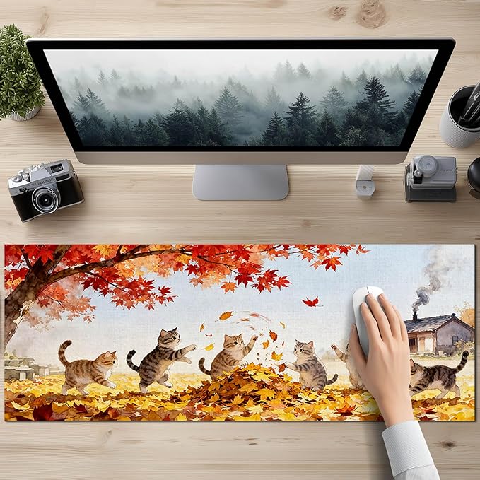 Cat XL Mouse Pad 31.5 x 11.8 Inch Gaming Mousepad Diatomite Large Keyboard Mouse Pad for Home and Office Desk Accessories with Autumn Leaves Kittens Illustration Featuring Stable Base