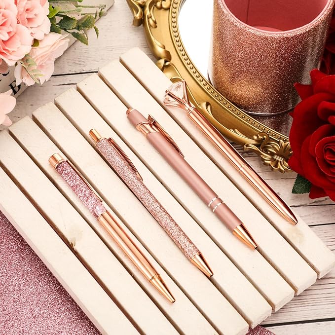 Sabary 8 Pcs Rose Gold Pens with Pen Holder for Desk Glitter Crystal Diamond Cute Ballpoint Fancy Pencil Holder Bling Desk Organizer for Women Girls Gifts School Office Valentine Supplies