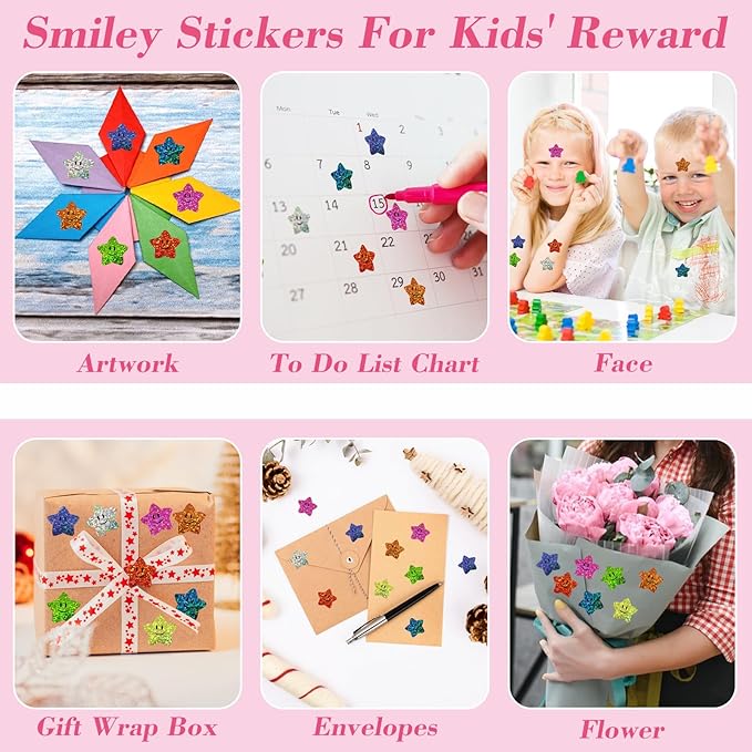 700Pcs Smiley Face Star Stickers for Kids Reward,1inch 8 Colored Sparkly Foil Star Stickers for Student Planner and School Classroom Teacher Supplies 3.15inch in Diameter per roll(8cm)