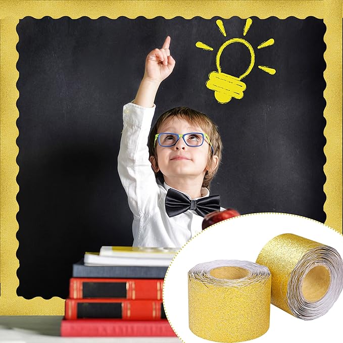 131 Ft Gold Glitter Bulletin Board Borders Gold Scalloped Bulletin Board Trims Shiny Decorative Border Trims Sparkle Self-Adhesive Border Stickers for Classroom School Home Office Blackboard Desk