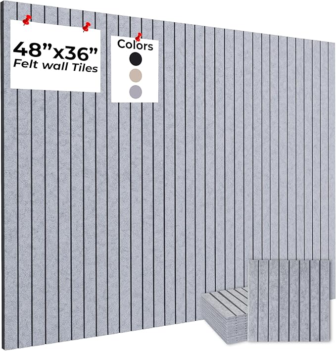 Felt Bulletin Board Tiles – 12x12 Inch Cork Wall Panels, Pack of 12, Covers 36x48 Inches, 50 Adhesive Tabs and Bubble Level, Polyester Material – Silver Gray