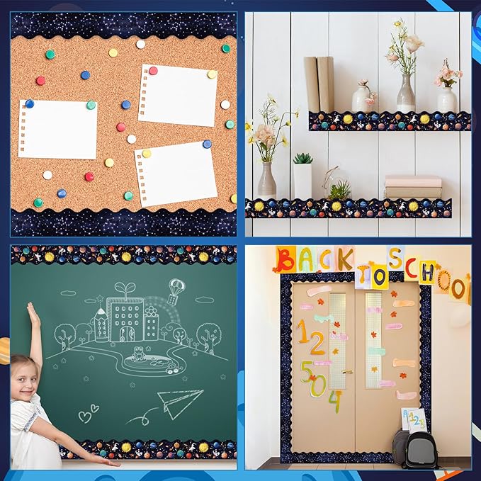 2 Rolls Outer Space Border, 65.6 Ft Galaxy Scalloped Borders Trim Night Sky Classroom Bulletin Board Border Trim for Back to School Classroom Bulletin Boards Chalkboard Wall Decor