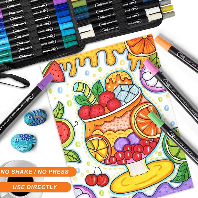 TANMIT 60 Colors Acrylic Paint Pens, Dual Tip Acrylic Paint Markers with Brush Tip and Fine Tip, Acrylic Pens for Rock Painting, Wood, Canvas, Stone, Glass, Ceramic,DIY Crafts Making Art Supplies