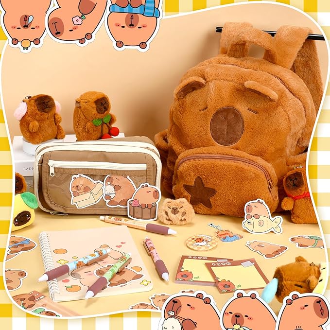 50 Pcs Capybara Gifts with Capybara Backpack and Stationery Set Valentine's Day Gifts Sticky Notes Ballpoint Pens Spiral Notebooks Brooch Pendant for Rewards Birthdays Gift