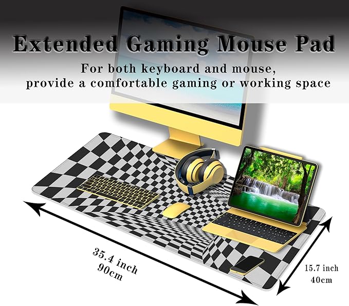 Desk Mouse Pad Black and White Pad for Table, XXL Mouse Pads Gaming Pad, Gaming Keyboard and Mouse Pad Waterproof Non-Slip Rubber Base, 35.4 X 15.7 inch for Work/Game/Office/Home Checkered