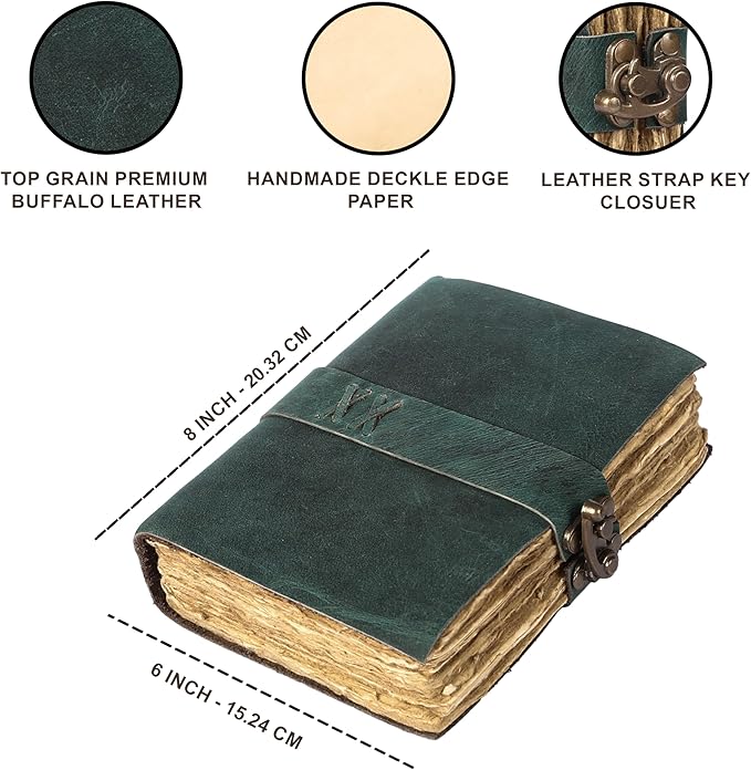 Vintage Leather Journal Handmade Buffalo Deckle Edge Paper – Leather Bound Journal for Women Men Vintage C-Lock Closure Ideal for Writing & Travel for Artists