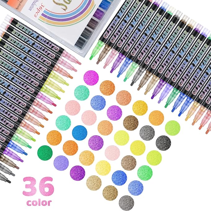 Glitter Marker Pens,36 Colors Self-Shimmer Metallic Markers,Glitter Paint Pens DIY Crafts Greeting Birthday Cards, Making Poster,Album,Scrapbooking,Wood，Mugs