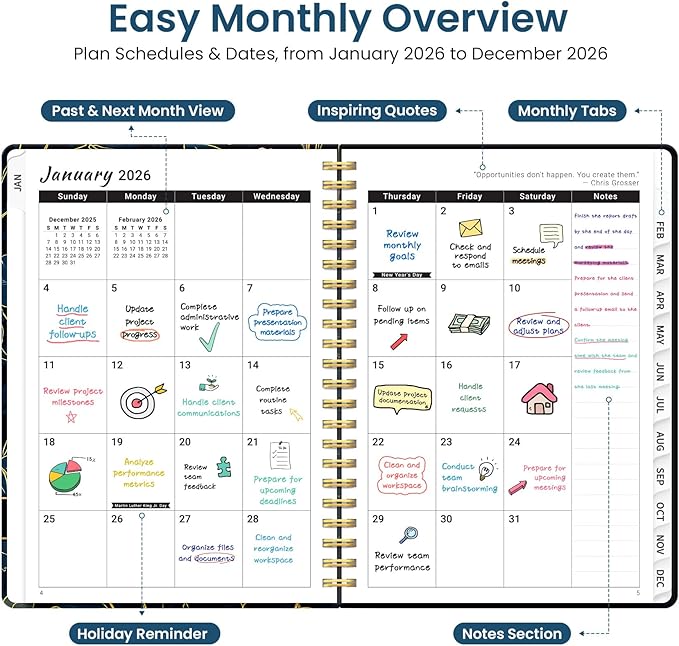 2026 Planner, Weekly and Monthly Planner for Women, January 2026 to December 2026, Pretty Hardcover 2026 Calendar Planner Book with Tabs, Inner Pocket, Spiral Bound, Perfect Office Home School Supplies - 6.3" x 8.5", Luxe Peony