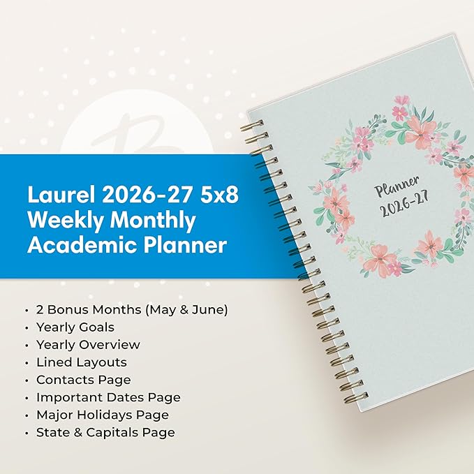 Blue Sky 2026-2027 Weekly and Monthly Academic Year Planner Calendar, July 2026 - June 2027, 5" x 8", Flexible Cover, Wirebound, Laminated Tabs, Laurel
