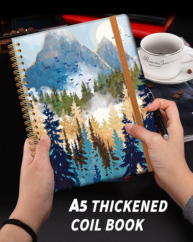 Ruled Spiral Writing Notebook,A5 Hardcover Lined College Journal for Women Lady,Fashion Puppy Watercolor Strong Twin-Wire Binding with Premium Paper,8.4" X 6",Perfect for School,Office,Home Gifts(Foggy Mountains Landscape)