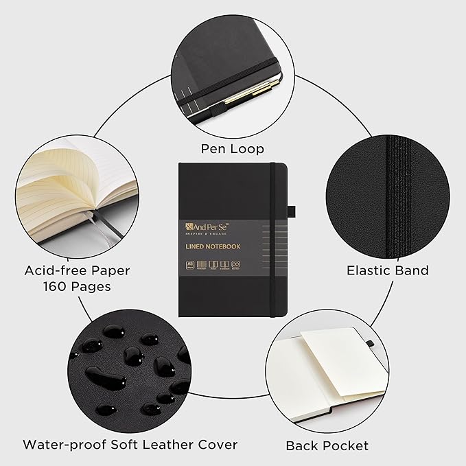 &And Per Se Lined Journal and Pen Set (3 Packs), A5 Leather Hardcover Notebook with Pen & Stationary Set, 160 Pages 100GSM Thick Ruled Paper Journal for Business Work Writing (Black)