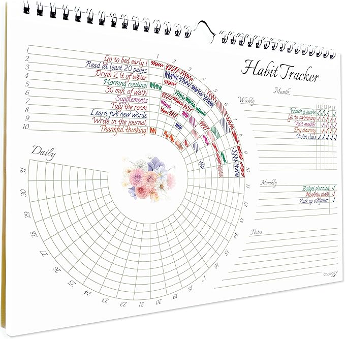 Habit Tracker Calendar (Undated 12 Month) Floral Design, Spiral Bound and Hanger, A4 Size (8,3"x11.7") Quality Heavy Paper, Monthly Habit Tracker Journal and Goal Tracker.