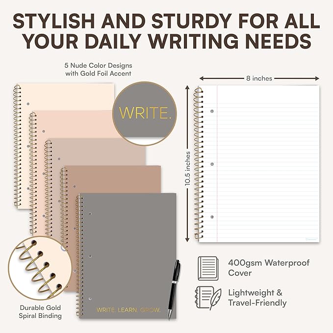 Decorably 5-Pack 140 Pages Gold Foiled Spiral Note Books College Ruled with Stickers, 8x10.5in Spiral Bound Cute College Ruled Notebook, 3-Hole Punched, Easy Tear-Off Perforated Pages - Work, School