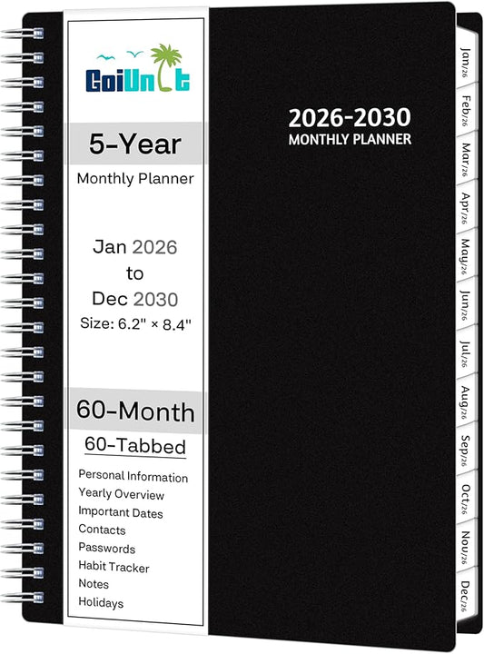 Monthly Planner 2026-2030, 5-Year Calendar Planner 2026-2030, Jan 2026 – Dec 2030, 6.2 x 8.4 In, Ruled Spread, Flexible Cover, Spiral Wirebound, Pocket, 60 Coated Monthly Tabs, Notes ＆ Habit Tracker