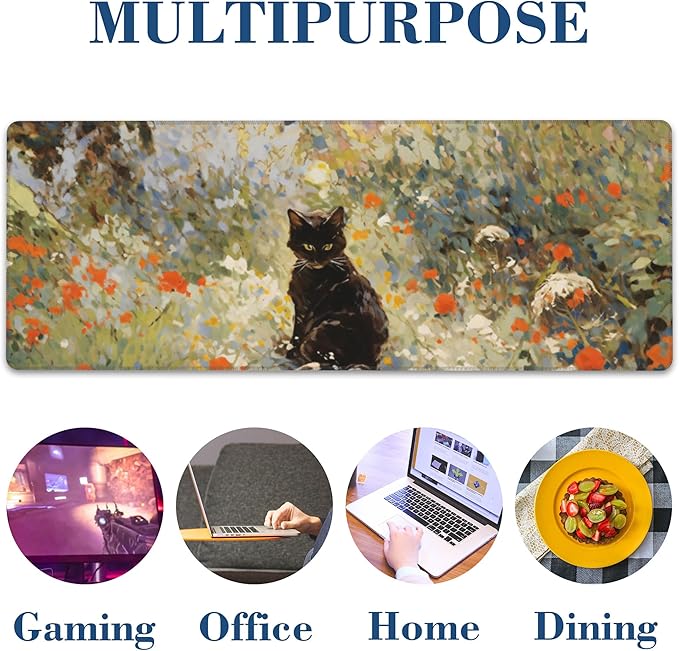 Large Gaming Mouse Pad for Desk Garden Cat Big Desk Mat Extended Mousepad with Stitched Edge and Non-Slip Base Long Computer Keyboard Mouse Mat for Home Office Work, 11.8 x 31.5 Inch