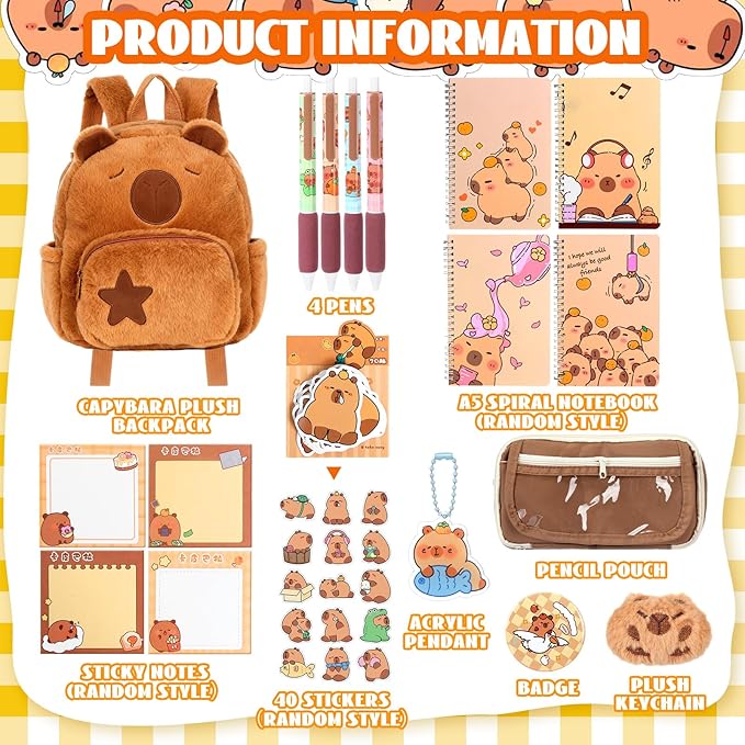 50 Pcs Capybara Gifts with Capybara Backpack and Stationery Set Valentine's Day Gifts Sticky Notes Ballpoint Pens Spiral Notebooks Brooch Pendant for Rewards Birthdays Gift