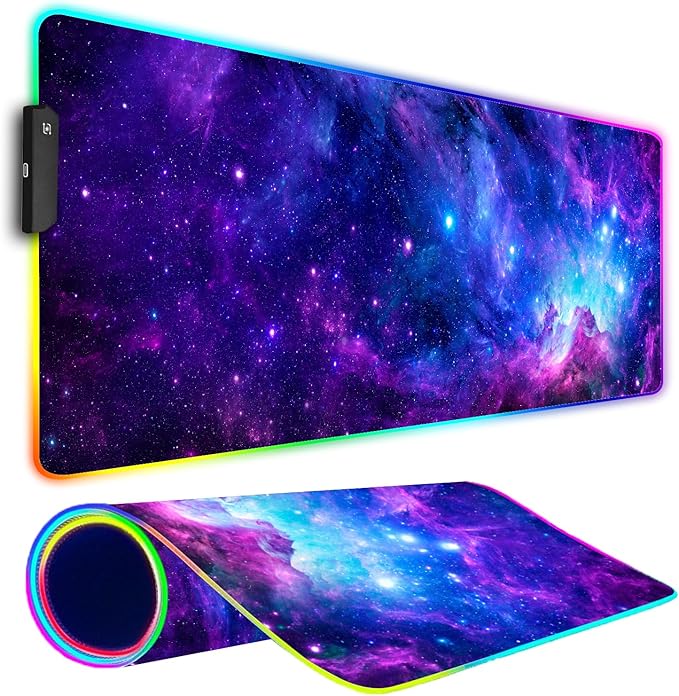 RGB Gaming Mouse Pad, Large Mousepad with Led Light, Gaming Accessories Keyboard Pad for Desk, Non-Slip Rubber Base Big Mouse Mat for Gamer, 31.5 X 11.8 Inch, Purple Galaxy