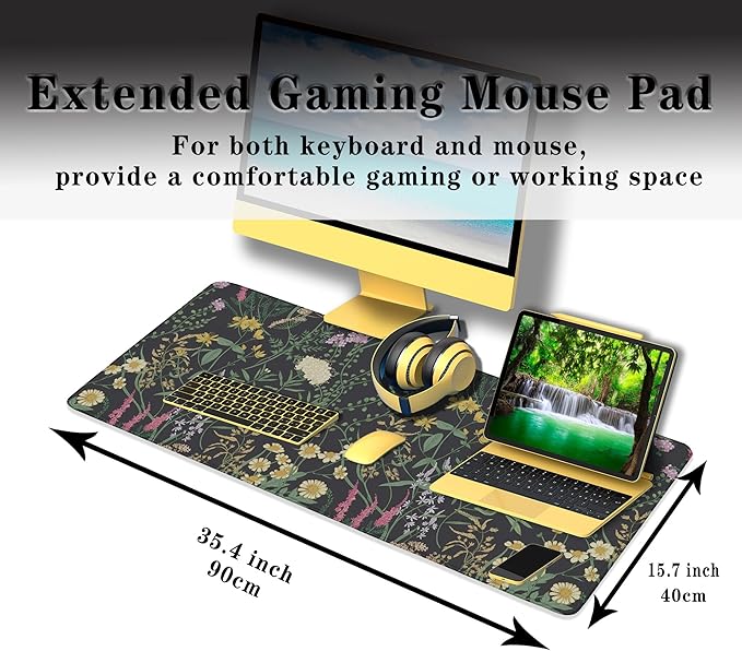 Pc Mouse Pad Black Computer Desk Pad, Large Desk Pads Gaming Desk Mat, Large Mouse Pads Non-Slip Rubber Base Waterproof with Stitched Edges, 35.4" X 15.7" for Work/Game/Office Colorful Flower