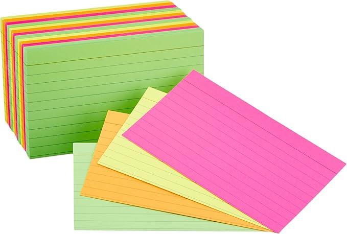 Amazon Basics Ruled Index Flash Cards for Studying and Note Taking, Assorted Neon Colored, 3x5 Inch, 300-Count (Pack of 10)
