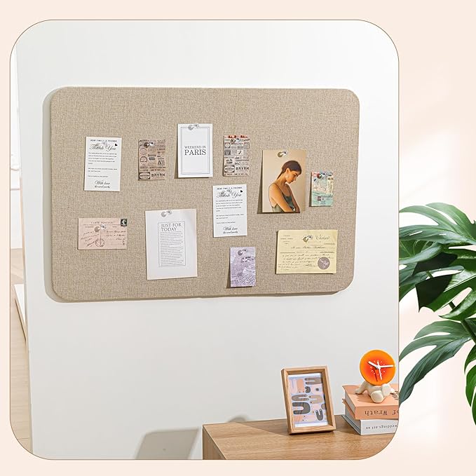 36"x 24" Linen Fabric Bulletin Board Pinboard for Walls Display Frameless Pinboard Display Notice Memory Board for Office Walls Home Kitchen Easy to Install(Brown)