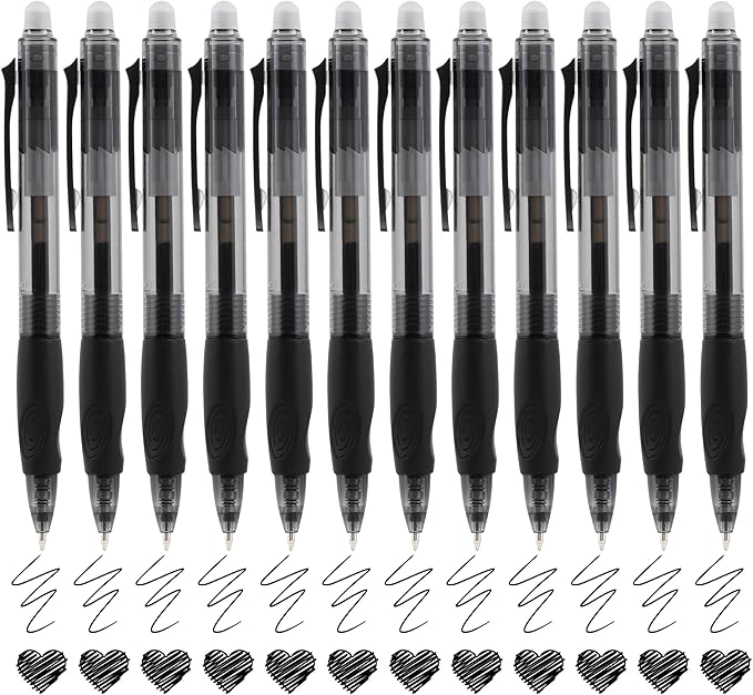 USUAL Retractable Erasable Pens 12 Black Erasable Gel Pen 0.5mm Erasable Gel Pens Black Make Mistakes Disappear Smooth Writing Pen Office Back-to-School Supplies (Black)