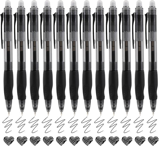 USUAL Retractable Erasable Pens 12 Black Erasable Gel Pen 0.5mm Erasable Gel Pens Black Make Mistakes Disappear Smooth Writing Pen Office Back-to-School Supplies (Black)
