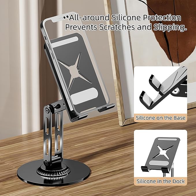 All-Metal Cell Phone Stand 360° Rotatable & Height Adjustable - 25KG Super Load-Bearing, Foldable Desk Stand for Phone & Tablet, Compatible with iPhone 17/16/15/14, Nintendo Switch, Silver