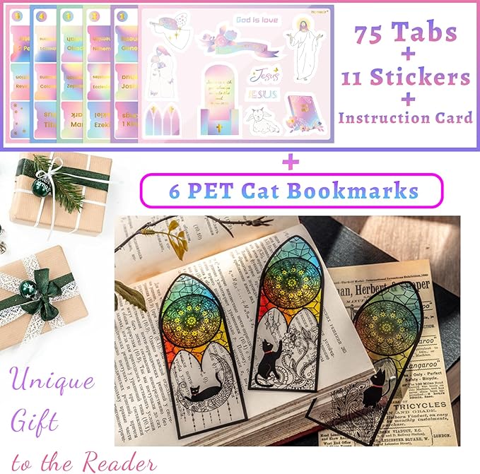Bible Tabs with Unique Stickers, Laminated Bible Tabs for Women & Men, Christian Gifts, Large Print Bible Tabs for Easy Navigation, Bible Book Index Tabs Labels, Bible Study Supplies, Rainbow3 SQ3