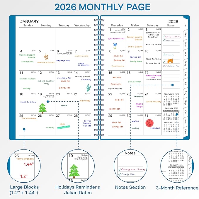 2026 Planner, Weekly ＆ Monthly Planner 2026, Jan 2026 – Dec 2026, 6.2" x 8.42", Flexible Cover, 12 Monthly Tabs, Thick Paper, Spiral Wirebound, Inner Pocket, A5, Green