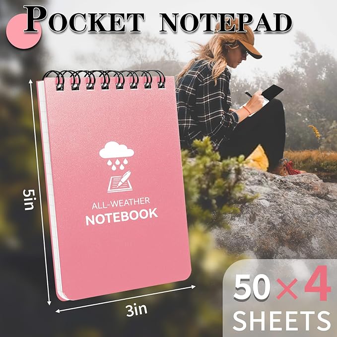 Waterproof Notebook, 4 Pack Top-Spiral Pocket Notepad, 3" x 5" Weatherproof NotePad, All Weather Police Pocket Notebook Little Memo Steno Note Pads for Outdoor Office School Recording, Pink