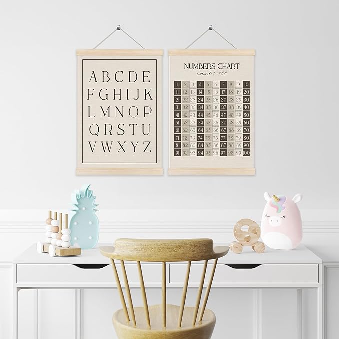 Koesus Alphabet Number Chart 1-100 Learning Wall Art Poster Hanger Frame 12x16 Inch Set of 2, Educational Canvas Pictures Prints Framed Wall Decor for Classroom Toddler Kids Room Nursery Playroom