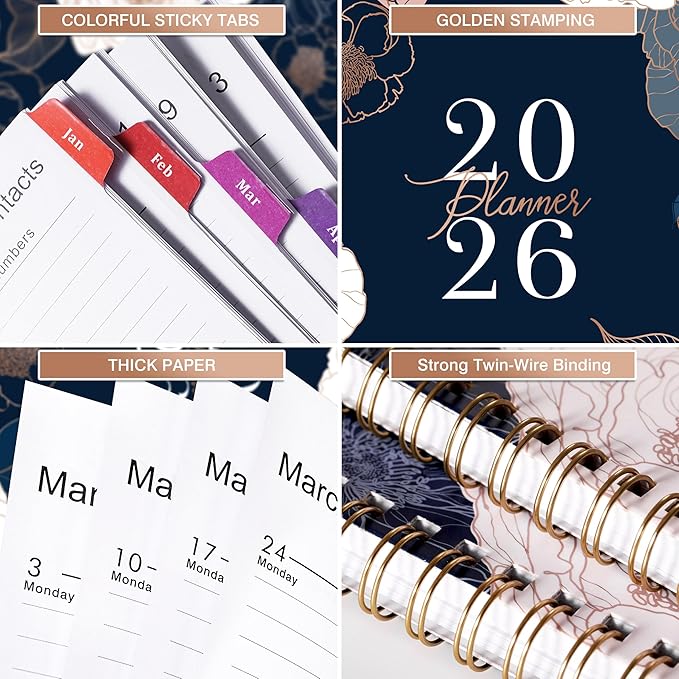 2026 Planner - Planner 2026, 9" x 11", Jan.2026 - Dec.2026, 2026 Planner Weekly and Monthly with Colorful Tabs, Strong Twin-wire, Back Pocket - Engraved Floral
