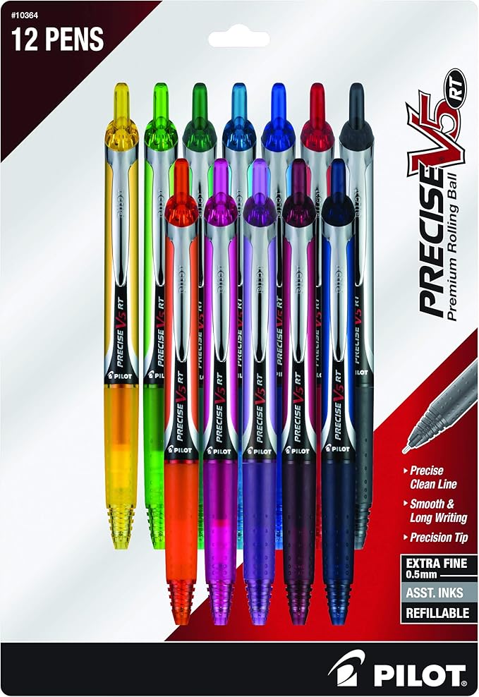 Pilot Precise V5 RT Refillable & Retractable Rolling Ball Pens, Extra Fine Point Pens, 0.5 mm, Assorted, Pack of 12 - Ideal for School, Journaling & Office Writing