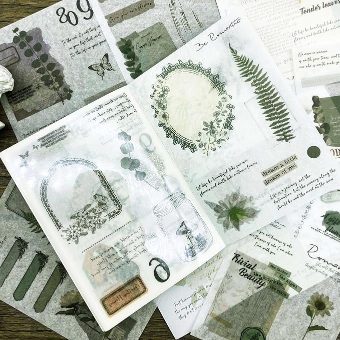Vintage Washi Stickers for Journaling, 40 Sheets Ephemera Sticker Book for Adults 180pcs Aesthetic Botanical Scrapbook Stickers and 20 Sheets Adhesive Scrapbooking Paper for Junk Journal Supplies