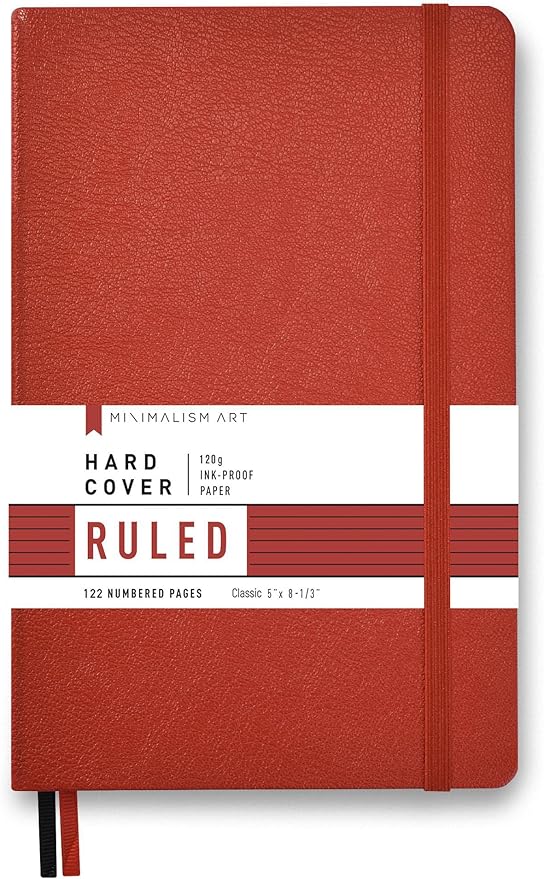 Minimalism Art, Premium Hard Cover Notebook Journal, Classic 5" x 8.3", 122 Numbered Pages, Gusseted Pocket, Ribbon Bookmark, Extra Thick Ink-Proof Paper 120gsm, San Francisco (Ruled, Red)