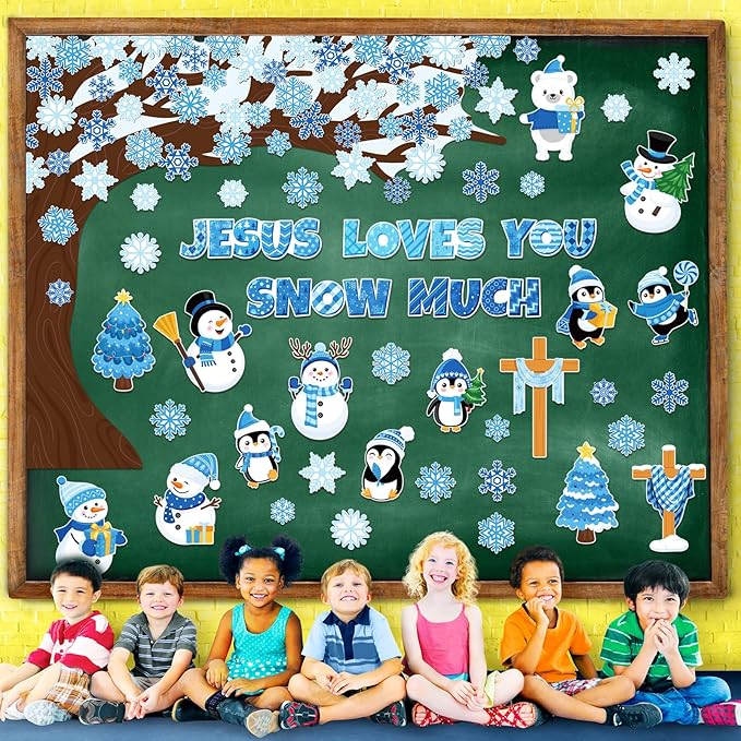 Zonon 114 Pcs Winter Bulletin Board Decorations Christmas Religious Christian Bulletin Board Set Snowflake Snowman Tree Jesus Loves You Snow Much Cutouts Winter Classroom Decorations for School Wall