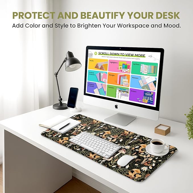 Large Mouse Pad for Desktop, Cute Desk Mat Pad Protector for Work & Gaming, Aesthetic Pretty Anti-Slip Laptop Blotter Cover for Office School Home Supplies, Mushroom, 31.5" x 11.8"